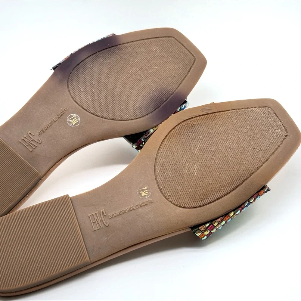 INC International Concepts Rhinestone Slide Flat Sandals Geometric Rainbow 7.5